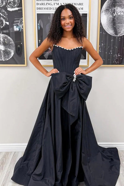 Pretty Satin A-Line Strapless Party Prom Dress With Pearls And Bow