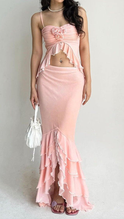 Blue/Pink Floral Ruffle Long Chiffon Outdoor Holiday Travel Party Dress Two-Piece Suit Dress gh4770