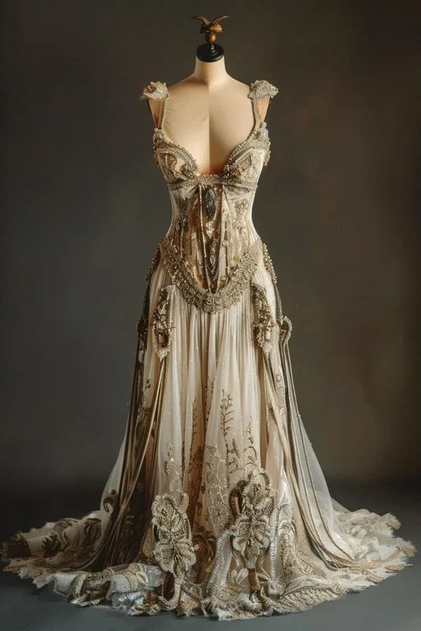 Golden Gorgeous Retro Fashion Elegant Floral Appliqué Exquisite Lace A-Line Long Tulle Floor-length Tail Evening Gown Prom Dress Wedding Dress gh3695