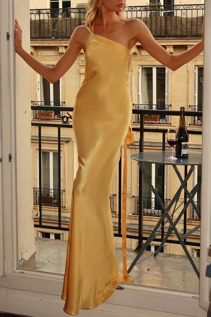 Casual Satin One Shoulder Open Back Party Prom Dress