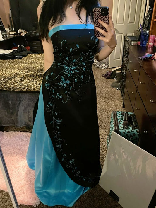 Black & Turquoise Butterfly Embroidery Bandeau Dress: Sequin Decoration, Fitted Skirt, Retro Party Sexy Maxi Dress gh6603