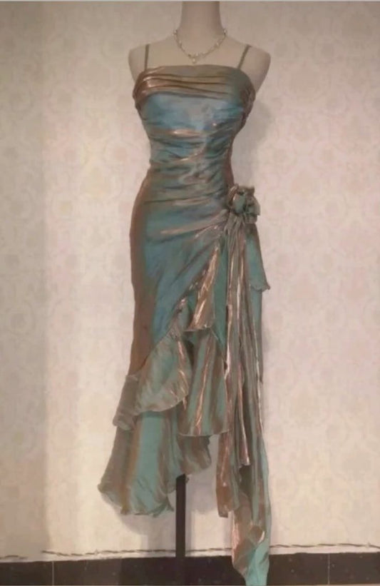 Blue shiny stylish elegant spaghetti straps long satin ball gown evening dress party dress gh3489