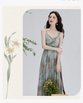 Vintage Fashion Floral Print Design Long-sleeved Cardigan A-line Long Spaghetti Strap Dress TP3335