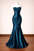 Vintage Teal Satin Strapless Sweetheart Mermaid Beaded Prom Dress TP5865