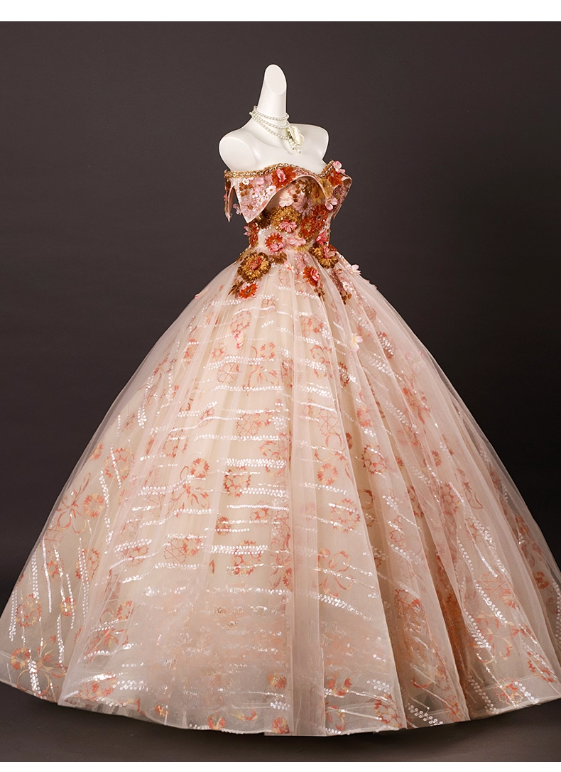 Glamorous Floral Sequin Beaded Tulle Off-the-shoulder Sweetheart A-Line Quinceanera Ball Gown TP5195
