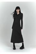New Fashion Design POLO Style Women Black Long-sleeved Dress TP2937