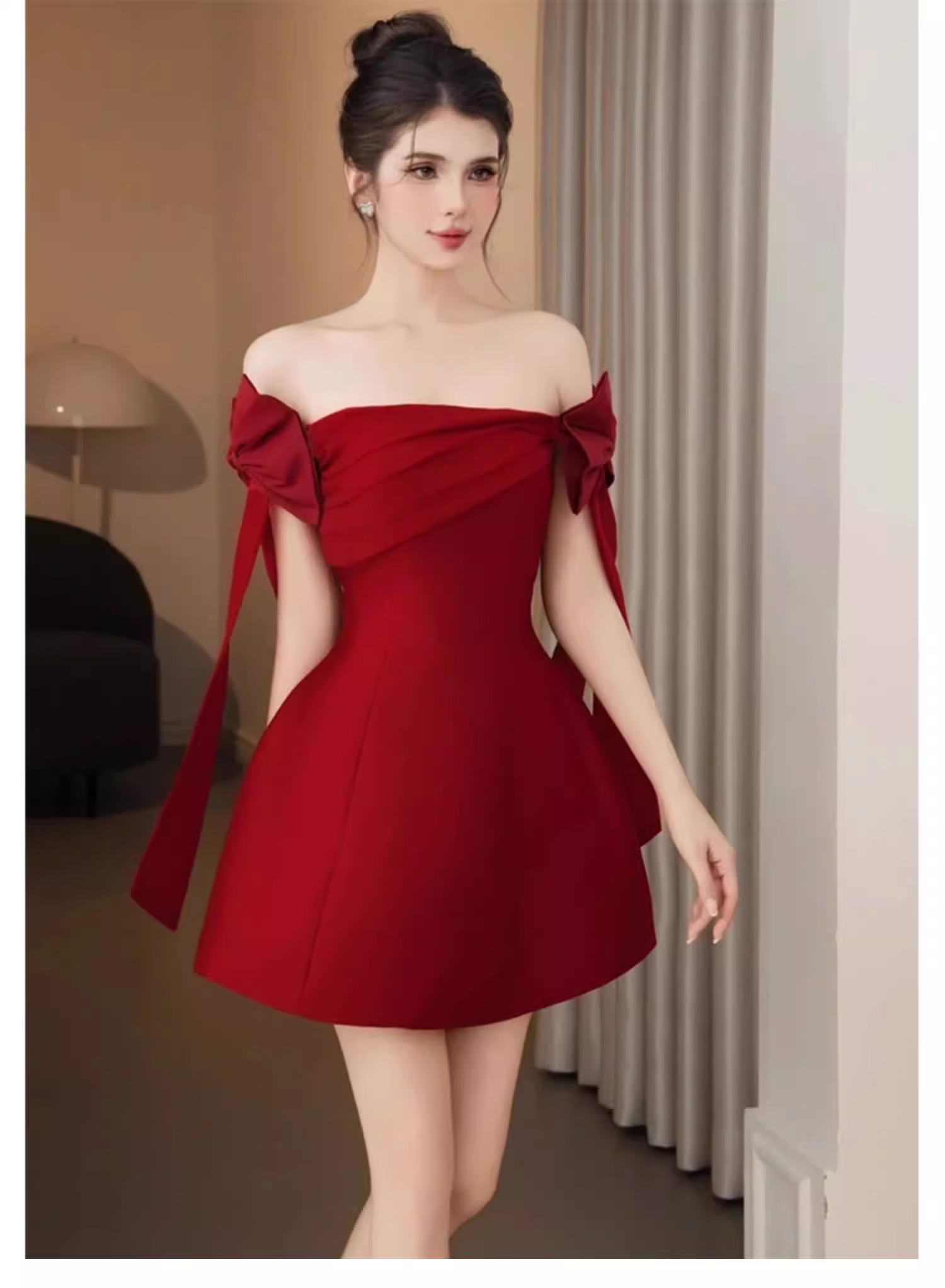 New Fashion Red Off-the-shoulder Bow Design A-line Party Dress Homecoming Dress TP3828