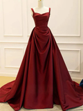 Wine Red Satin Straps Party Dress Long A line Evening Gowns Elegant
