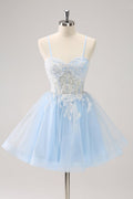 New Fashion Light Blue Flower Embroidery Design A-line Spaghetti Strap Homecoming Dress TP3416