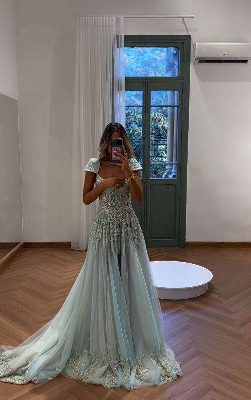 Baby Blue A Line Dress Wedding Guest Dress Exquisite Beaded Tulle Prom Outfit