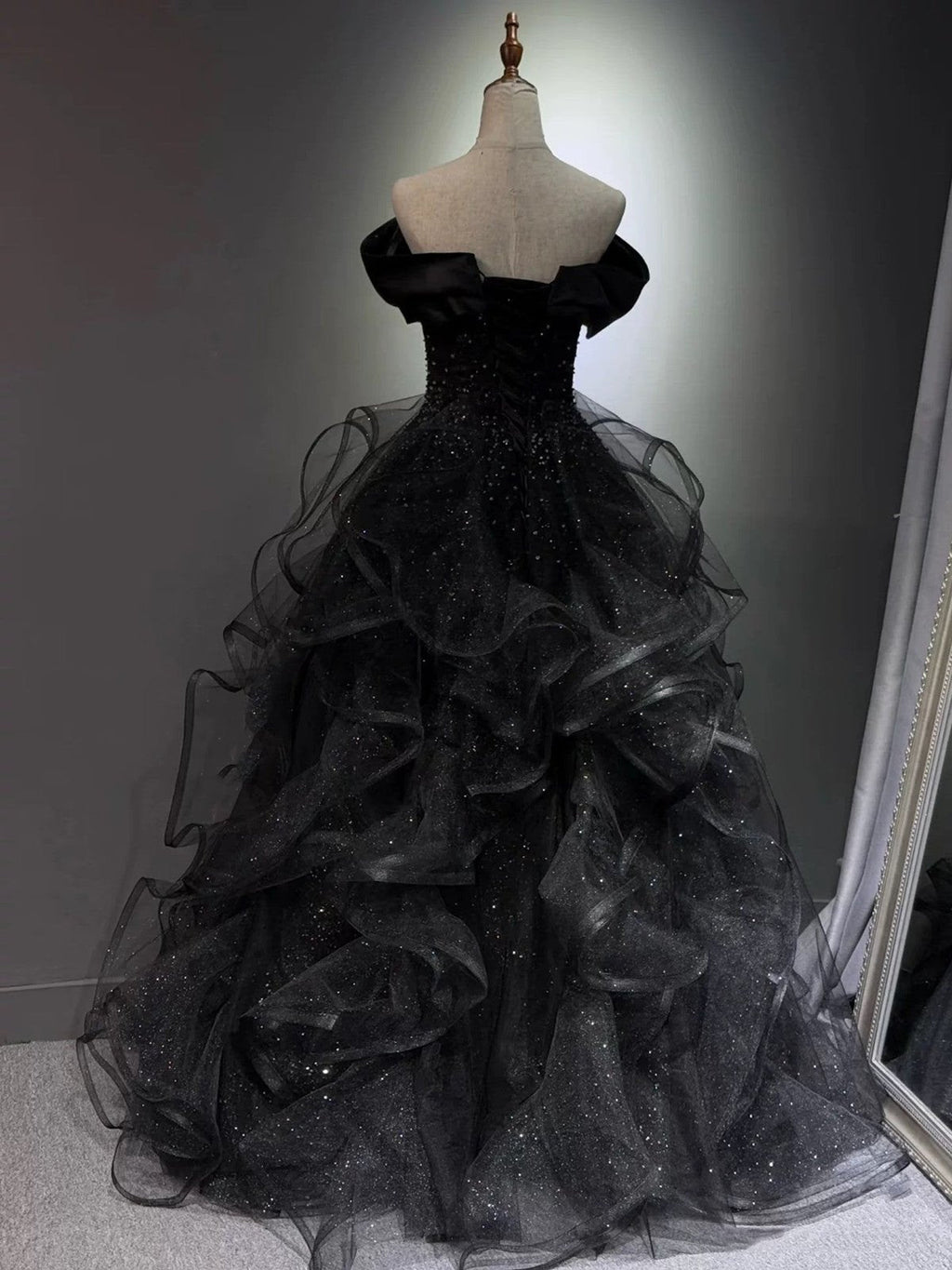 Black Ball Gown Prom Dress Layers Tulle Formal Birthday Gown Long