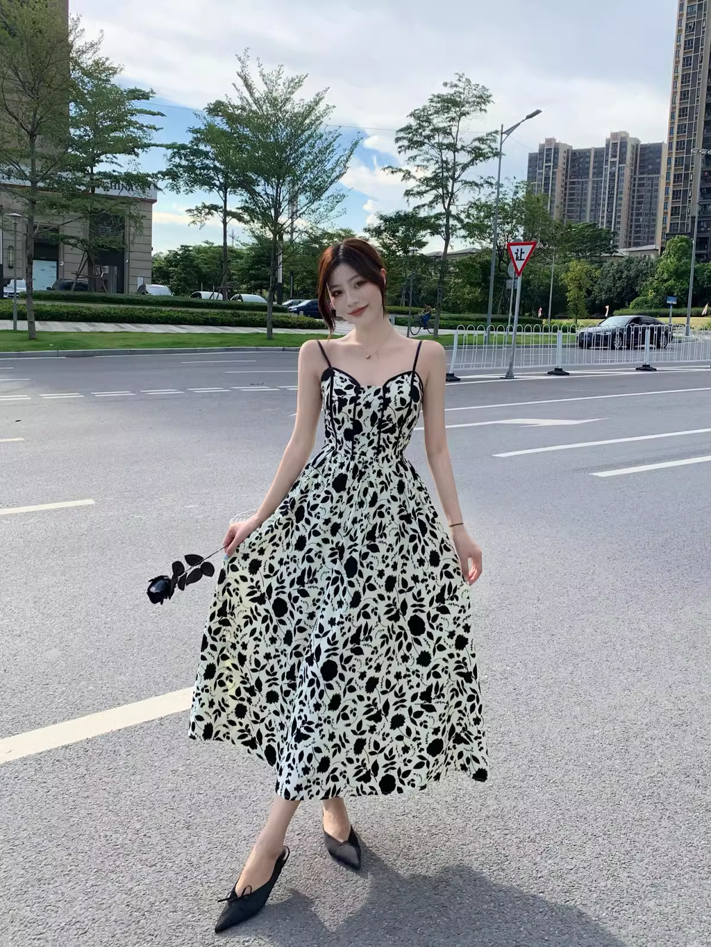 New Fashion Stylish Floral High-waisted Spaghetti Strap Dress TP2989