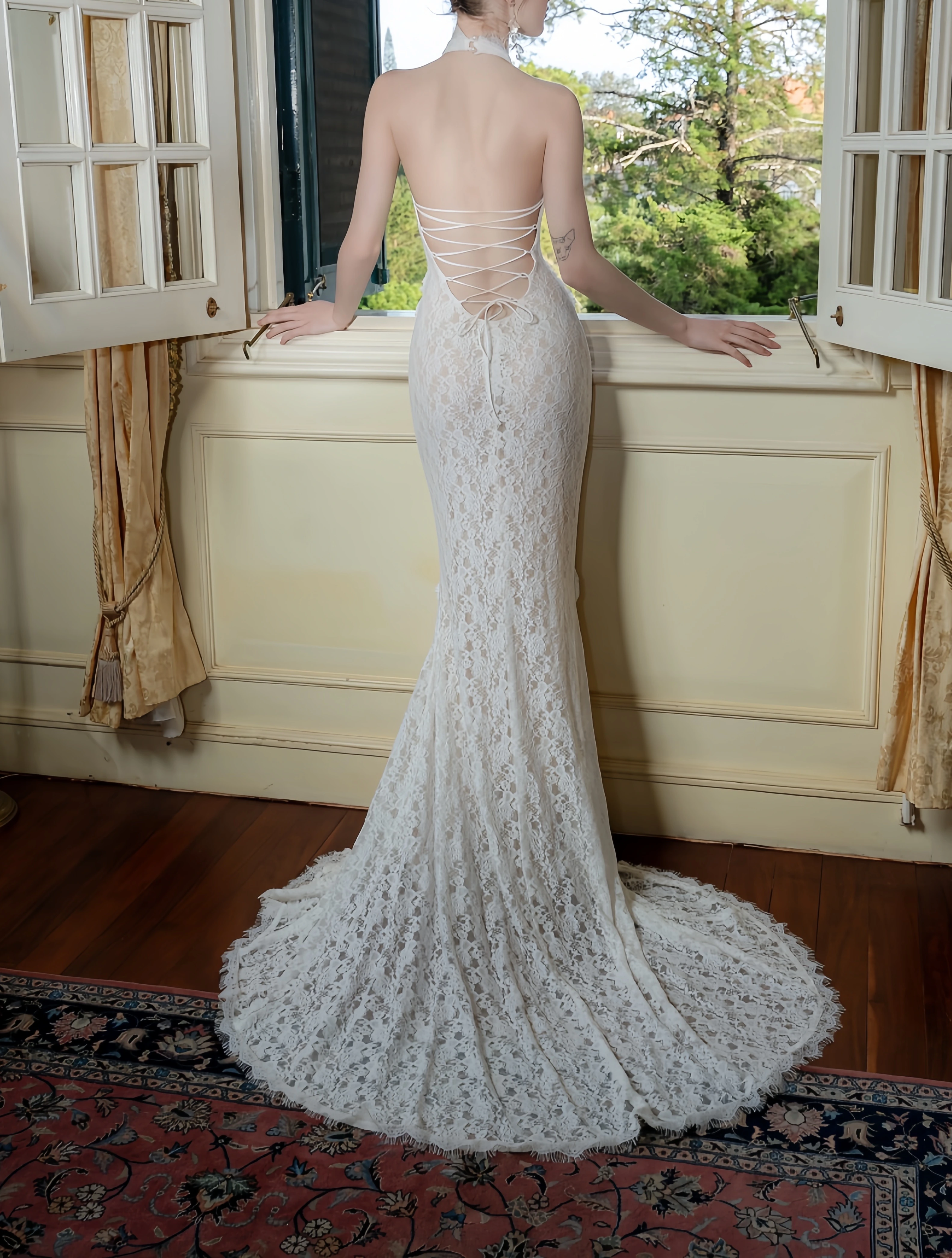 Elegant Lace Mermaid Evening Gown Halter-neck Party Dress Lace-up Long Formal Dress TP4929