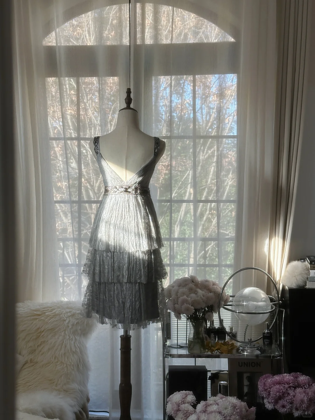Retro Silvery V-neck Gorgeous Sparkling Chiffon Tiered Evening Dress Prom Dress TP3972