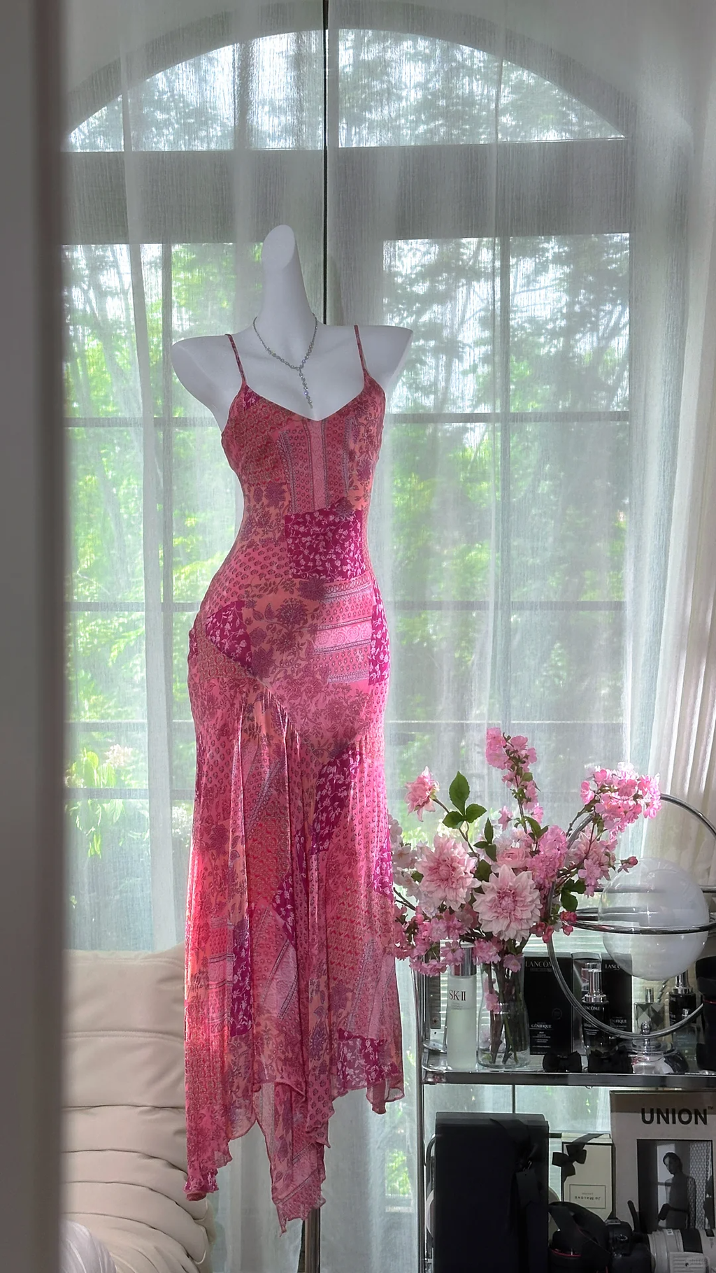 Retro Pink V-neck Floral Elegant Chiffon Evening Dress Prom Dresses TP4145