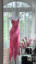 Retro Pink V-neck Floral Elegant Chiffon Evening Dress Prom Dresses TP4145