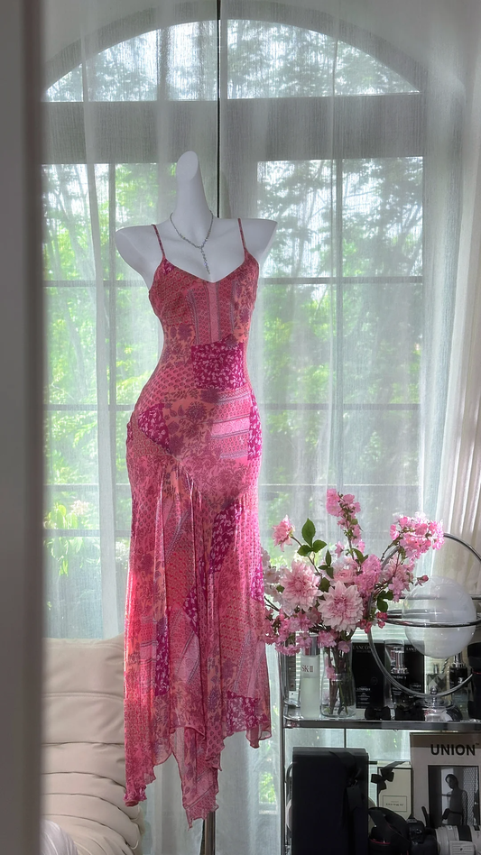 Retro Pink V-neck Floral Elegant Chiffon Evening Dress Prom Dresses TP4145