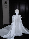 Glamorous Strapless Satin Beaded Mermaid Oversized Draped Train Wedding Dress TP5419