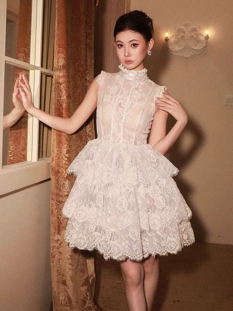 Vintage Beige Applique Design A-line Lace Short Tiered Party Dress Homecoming Dresses TP3938