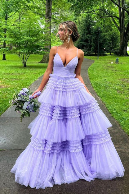 V-Neck Spaghetti Straps Empire With Side Slit Tulle A-Line Prom Dress