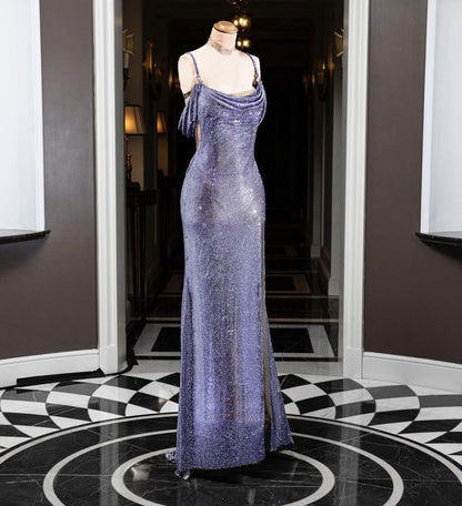 Purple Shiny Elegant Spaghetti Straps Sexy Slit Long Mermaid Slim Sequin Ball Gown Evening Dress gh3359