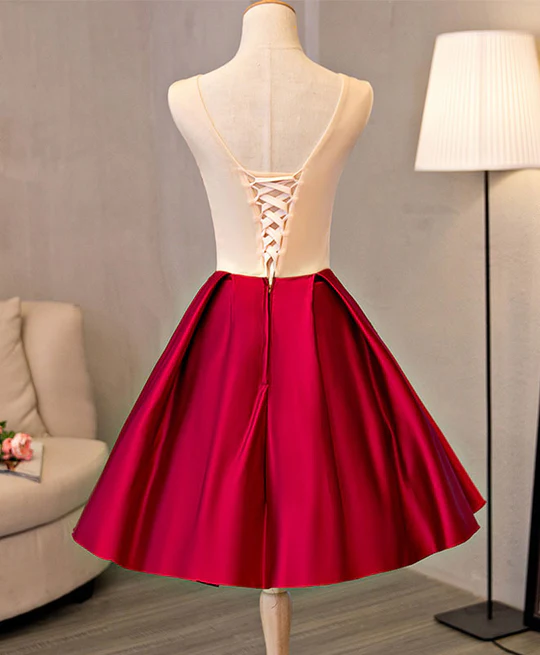 Vintage Red Floral Embroidery Design A-line Lace-up Satin Party Dress Homecoming Dress TP4065
