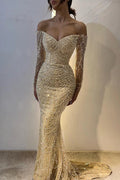 Vintage Champagne Prom Dress Glittering Beaded Sequin Evening Off-the-shoulder Party Dress Long Formal Dress TP4847