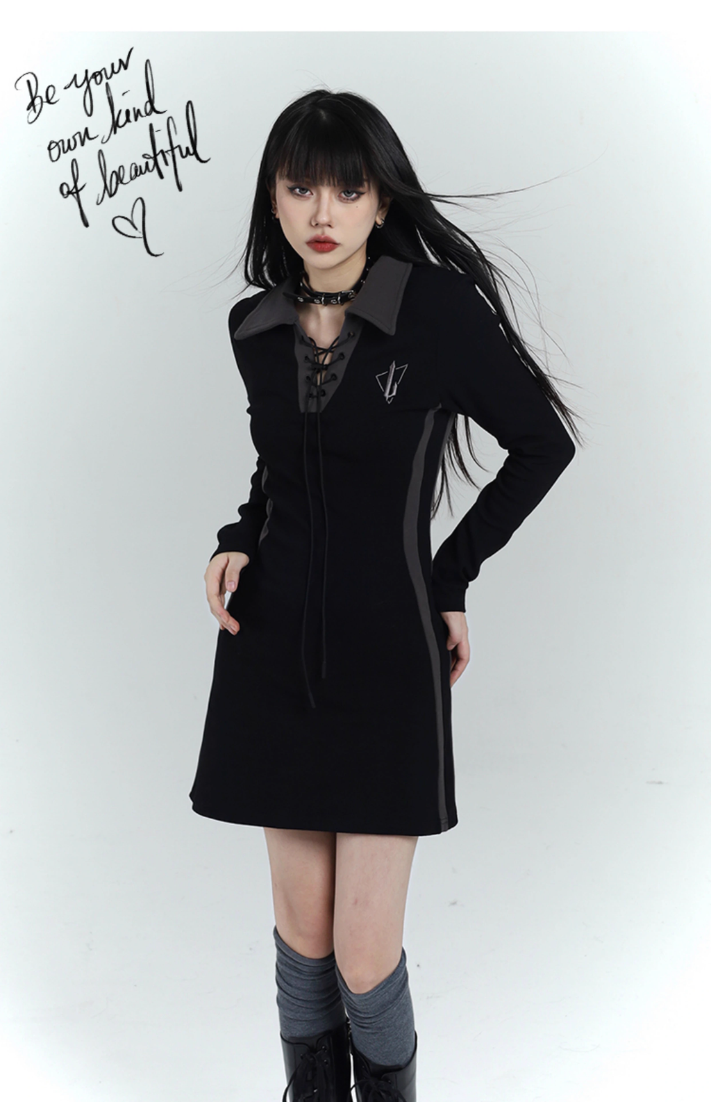 New Fashion Design Sense Short Black Long-sleeved Dress TP2935