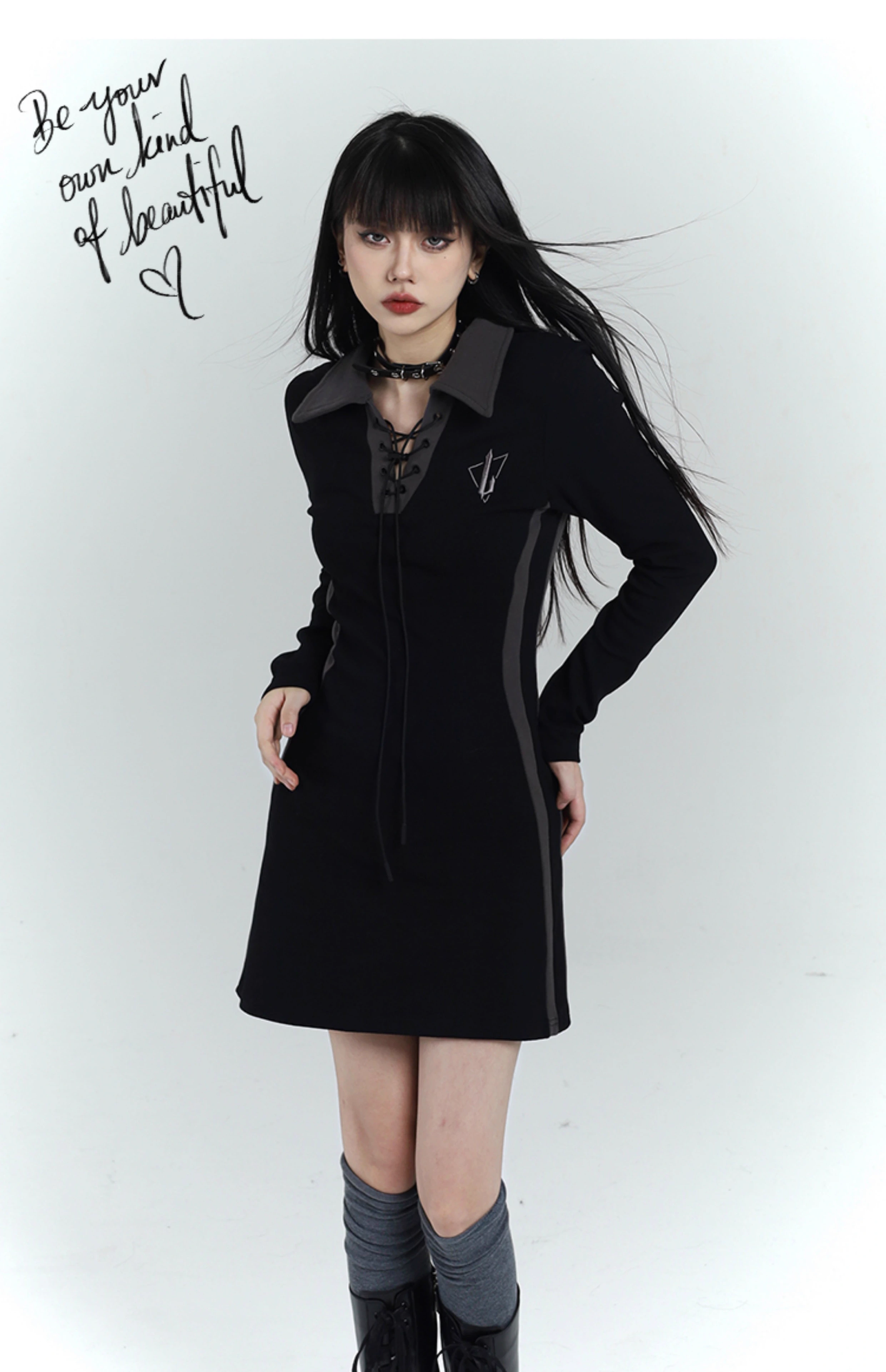 New Fashion Design Sense Short Black Long-sleeved Dress TP2935