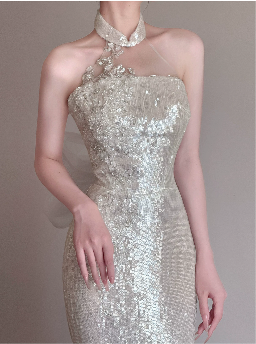 Glamorous White Sequined Halter-Neck Mermaid Prom Dress TP5874