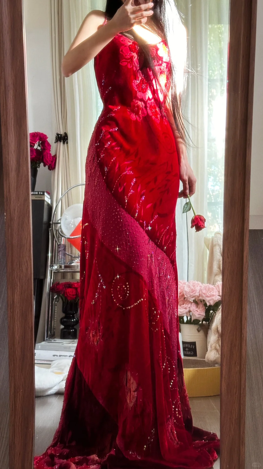 Vintage Red Sparkling Sequin Spaghetti Strap Design Elegant Chiffon Evening Dress Prom Dresses TP3989