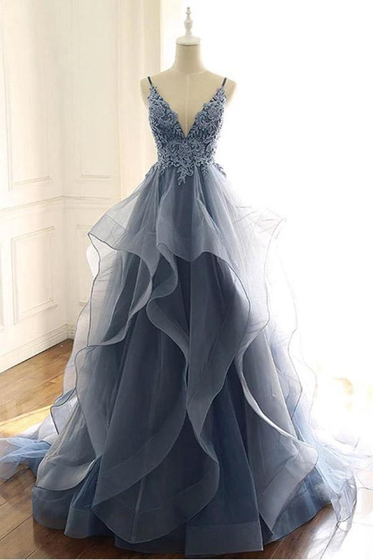 V Neck Ruffle Prom Dress Long A Line Special Occasion Dresses