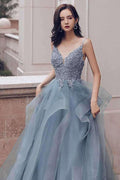 V Neck Ruffle Prom Dress Long A Line Special Occasion Dresses