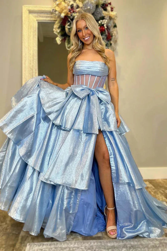 A-Line Tiered Empire Long Party Prom Dress With Bow