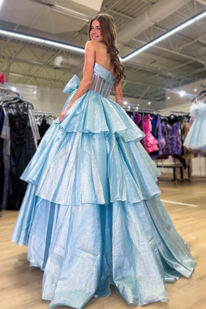 A-Line Tiered Empire Long Party Prom Dress With Bow