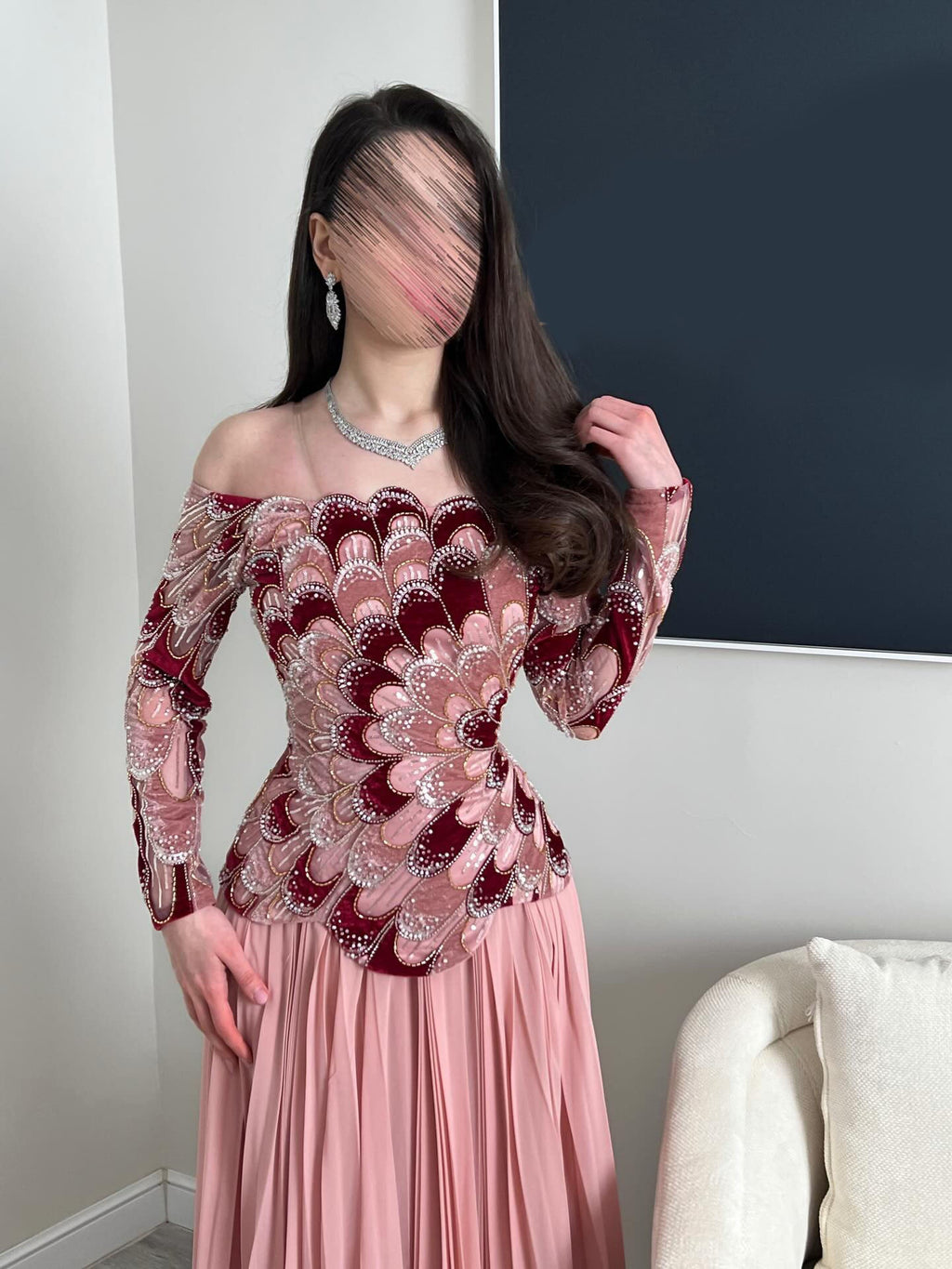 Pink Prom Dress Ball Gowns Off Shoulder Long Sleeve