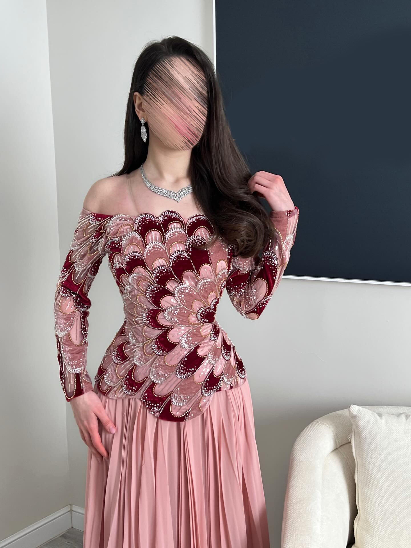 Pink Prom Dress Ball Gowns Off Shoulder Long Sleeve