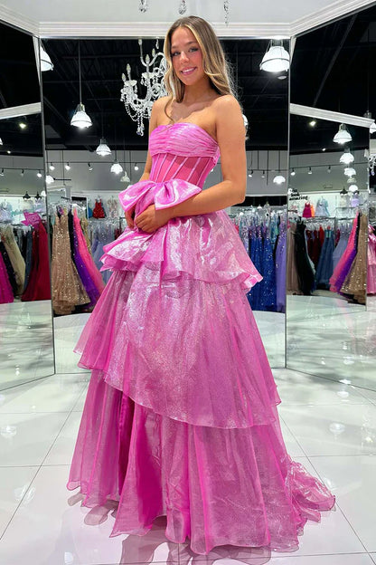 A-Line Tiered Empire Long Party Prom Dress With Bow