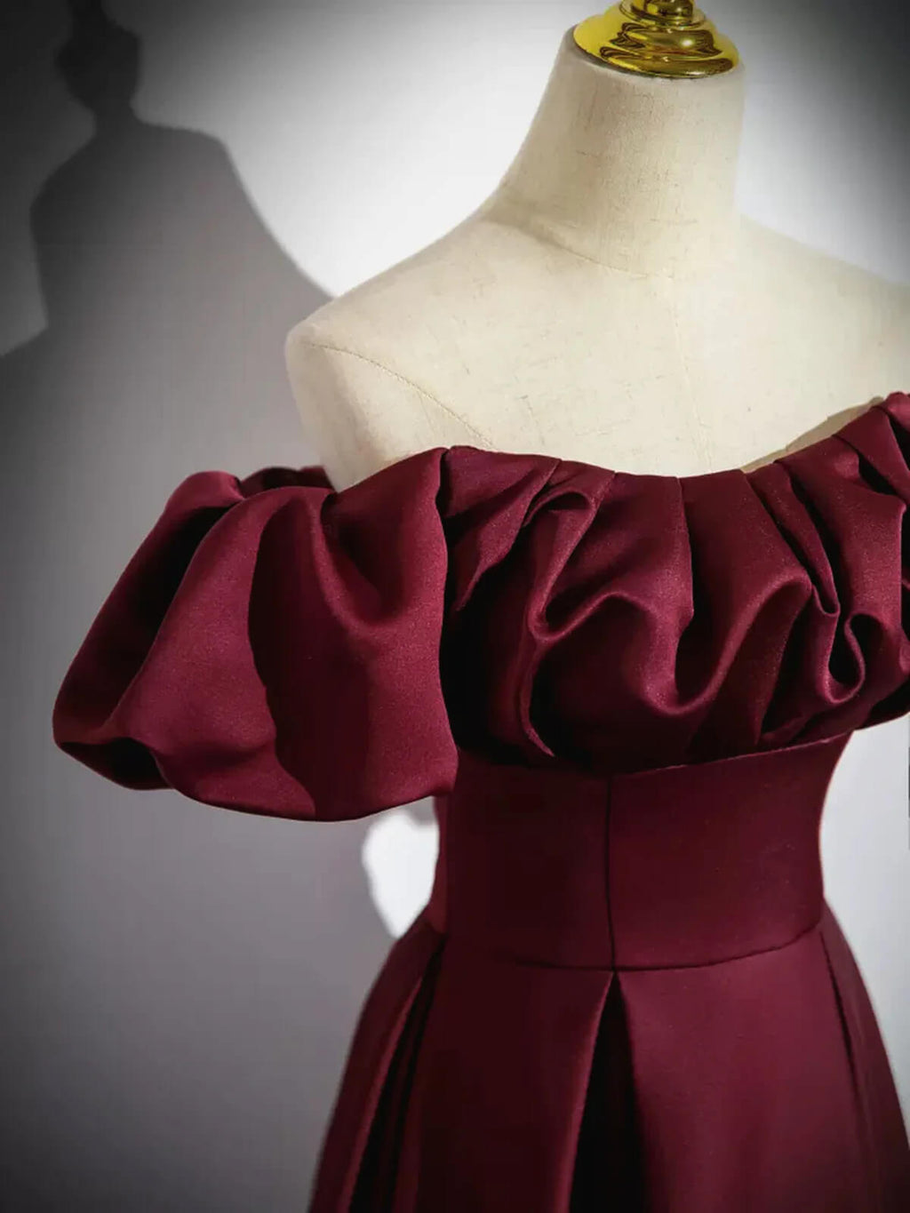Unique Burgundy Prom Dress Short Sleeve A-line Satin Maxi Dresses Formal