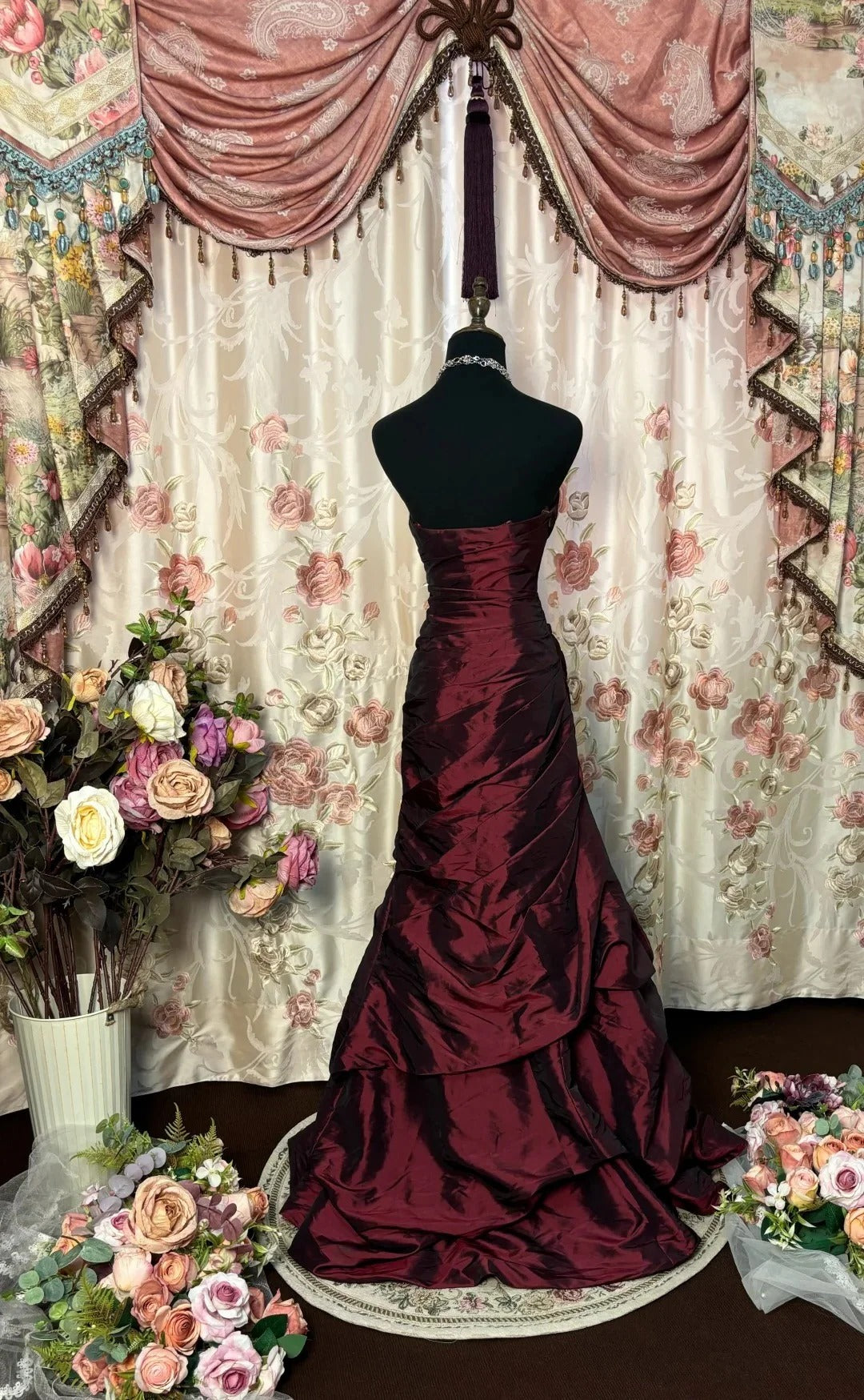Strapless Burgundy Mermaid Prom Dress with Ruffles