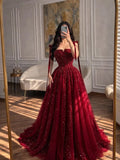 Sparkly Dark Red Prom Dress Long Classy A Line Birthday Gown