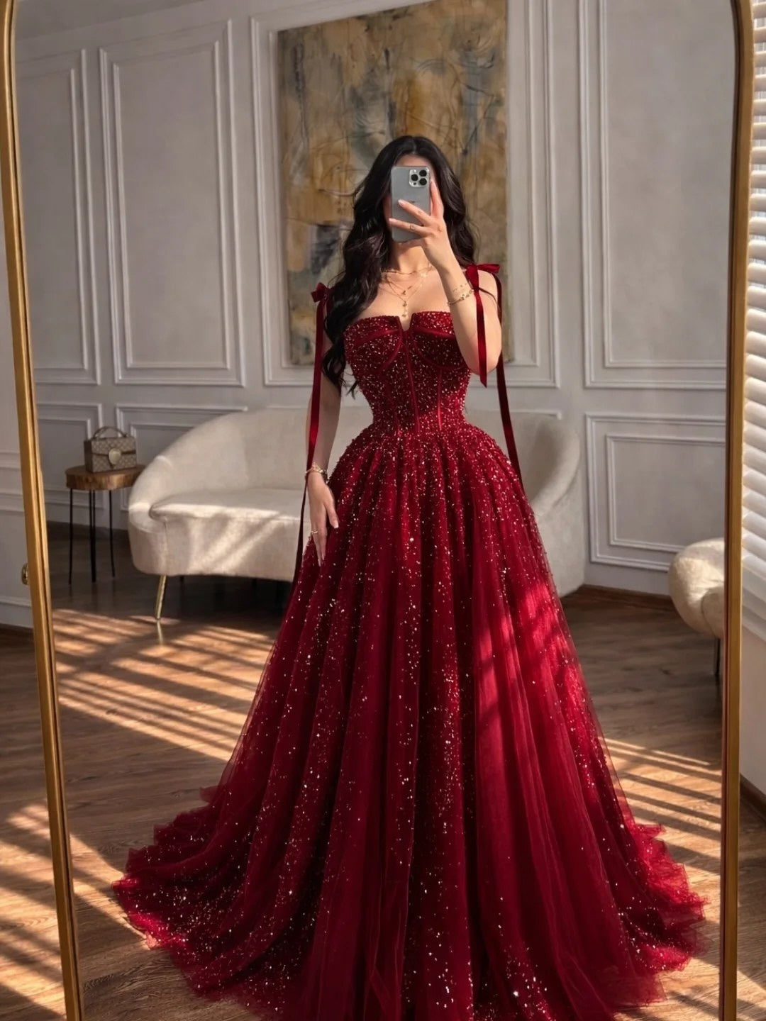 Sparkly Dark Red Prom Dress Long Classy A Line Birthday Gown