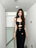 Elegant Black Halter-neck Rose Metal Button Prom Dress Sheath Evening Gown Party Dress Trailing Long Formal Dress TP4845
