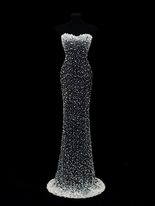 Girlhomeshops-White and black gorgeous exquisite beading shiny elegant long heart-shaped collar prom dress evening dress gh5408