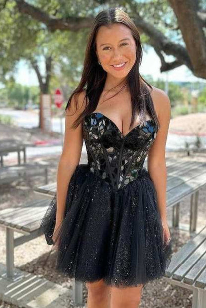 Sweetheart Black Mirror Glass A-line Short Princess Homecoming Dress