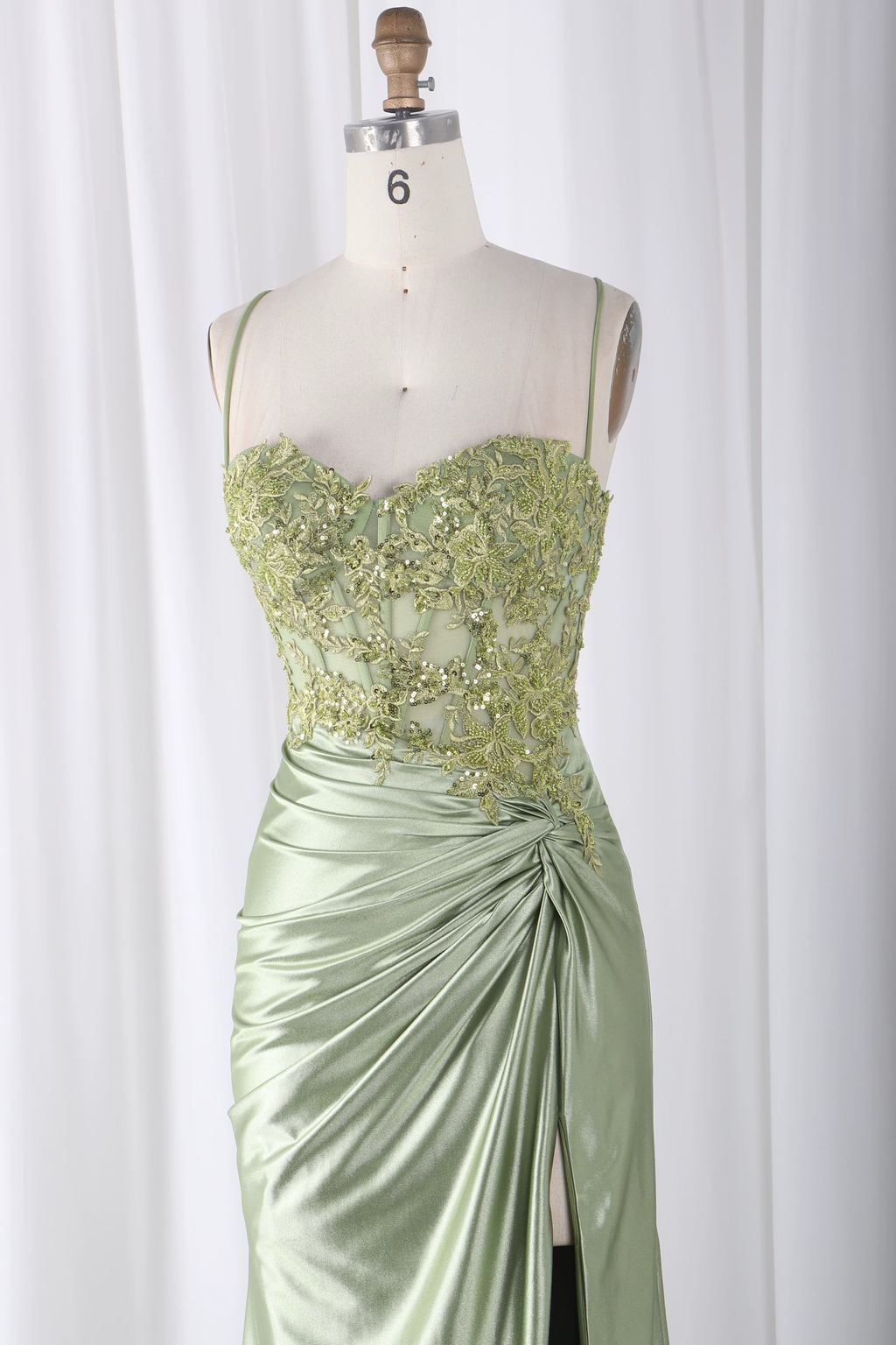 Gorgeous Spaghetti Straps Beaded Lace Mermaid Prom Dress Satin Ruched High Slit Evening Gown TP5755