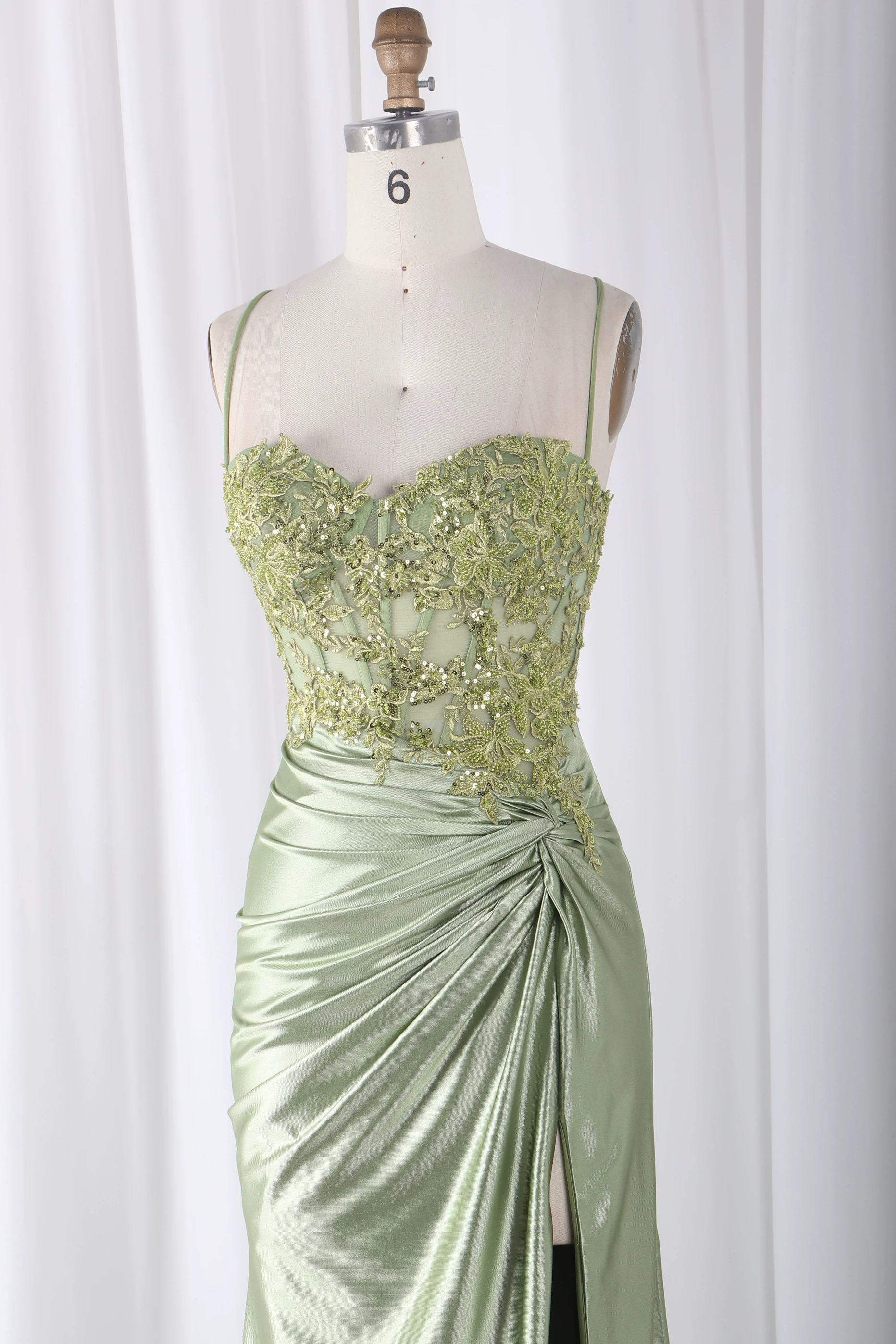 Gorgeous Spaghetti Straps Beaded Lace Mermaid Prom Dress Satin Ruched High Slit Evening Gown TP5755
