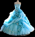 Glamorous Sky Blue Strapless Ruffled Tulle 3D Floral Sheer Drape Sweet 15 Quinceanera Ball Gown TP5495