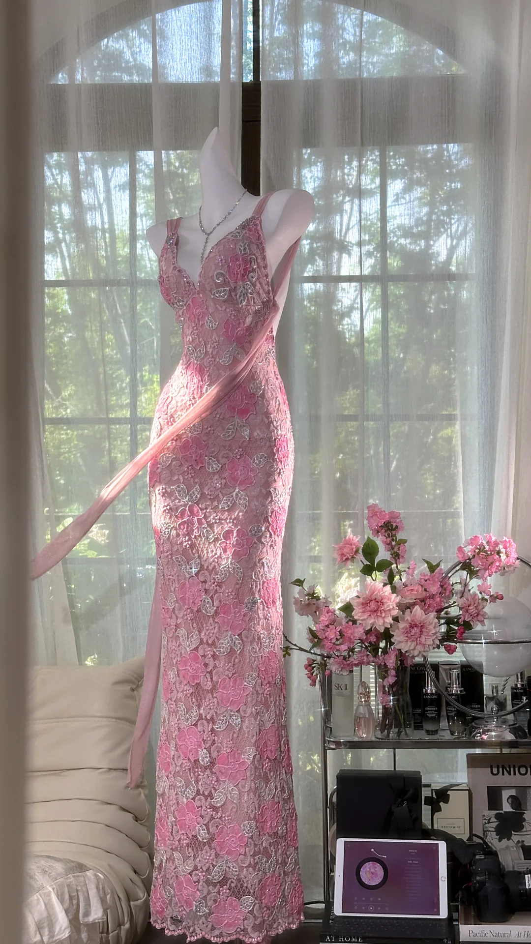 Vintage Gorgeous Pink Floral V-neck Applique Elegant Chiffon Long Evening Dress Prom Dresses TP4150