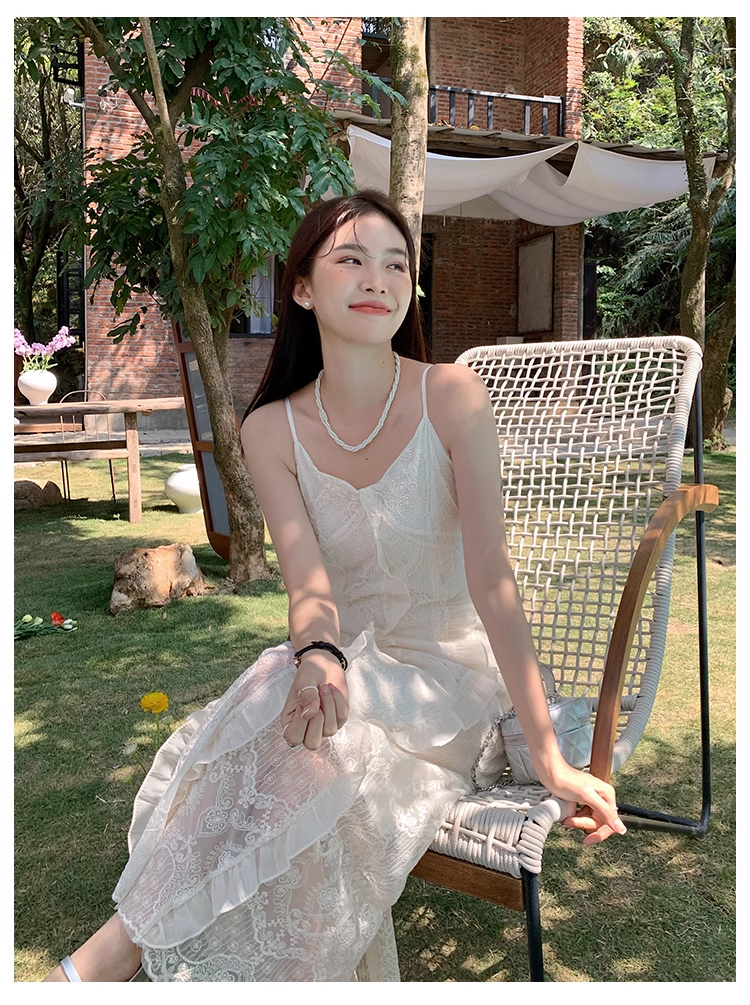 New Fashion White Floral Design Lace A-line V-neck Spaghetti Strap Dress TP3344
